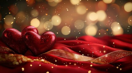 Romantic Red Hearts on Elegant Background for Valentine's Day Celebration with Sparkling Lights and Satin Texture