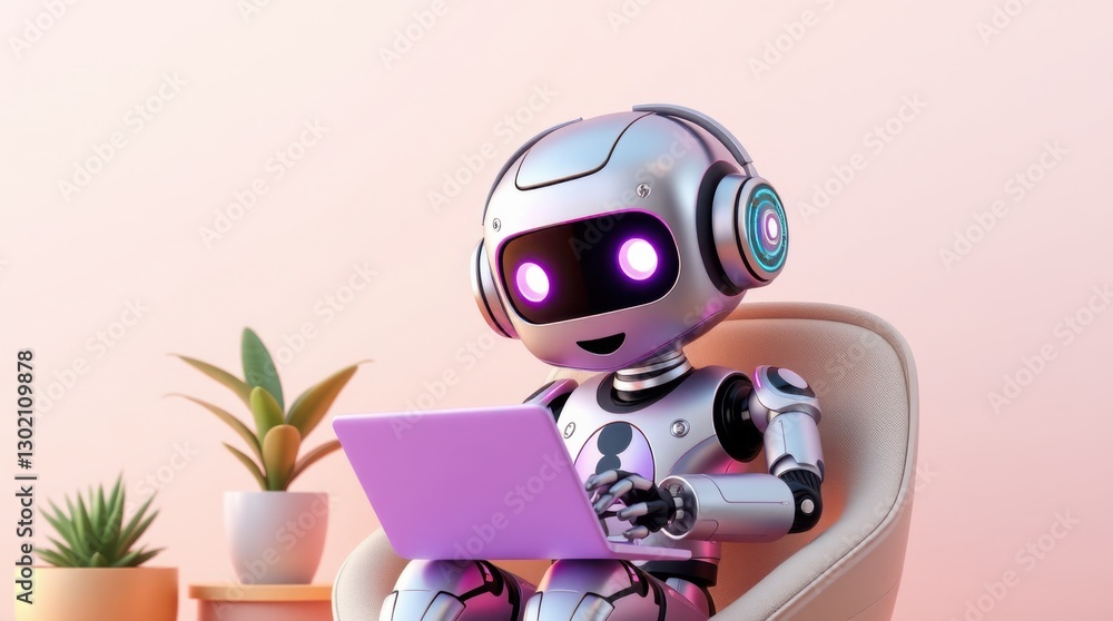 Poster robot working on a laptop computer while wearing headphones in a comfortable chair. artificial intel
