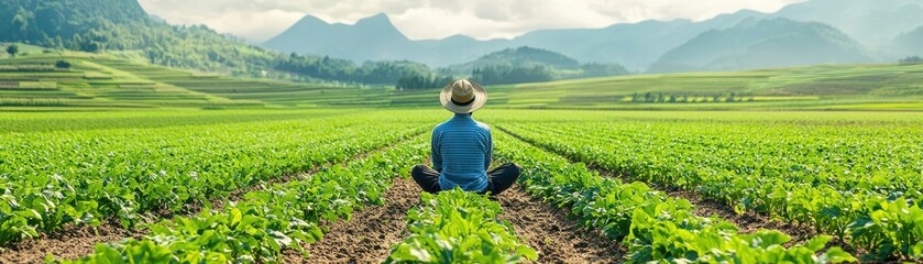 Person meditating in a lush green field with mountains in the background.