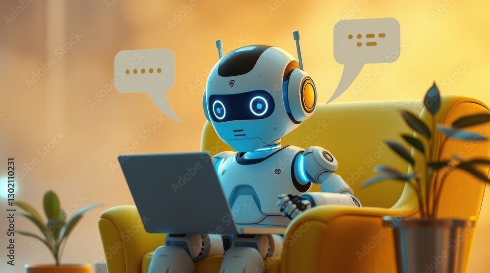 Poster chatbot relaxing and working on a laptop in a yellow chair with message bubbles above its head.