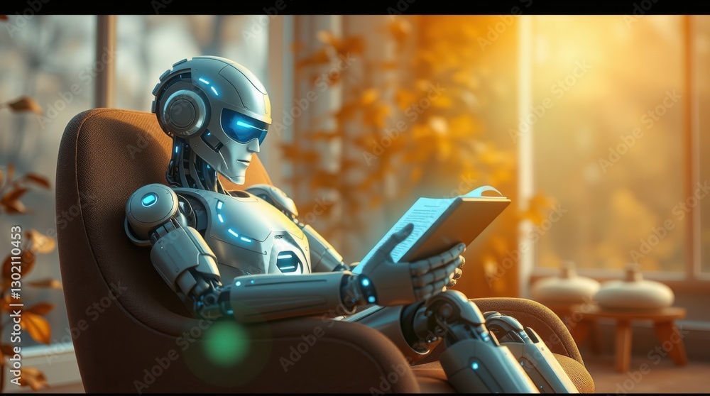 Poster robot reading in a brown chair near a bright window, displaying leisure and integration of ai into d