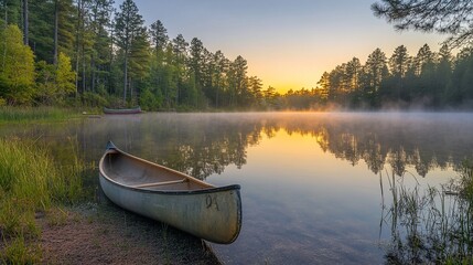 Sunrise Canoe on Misty Forest Lake