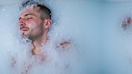 Calm man enjoying the sensations of hardening cold water during a bubble bath