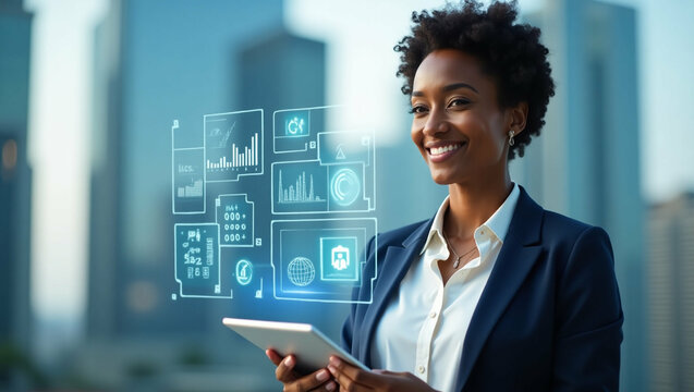 Empowered businesswoman using futuristic technology in urban landscape