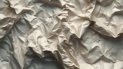 Create a hyper-detailed crumpled paper texture with deep creases, fine wrinkles, and subtle imperfections in neutral tones. Emphasize depth, light, and shadow for realism.