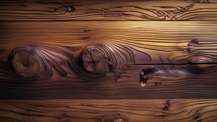 A hyper-realistic wood texture with intricate grain, knots, and color variations from golden browns to dark walnut, featuring subtle imperfections and a weathered appearance.