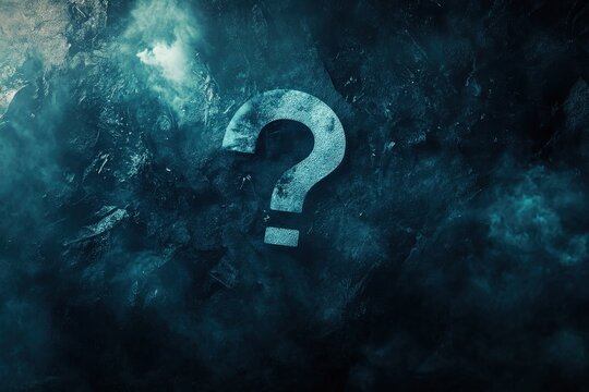 A large question mark displayed on a textured dark background
