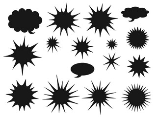Set of black silhouette comic speech bubbles, bursts, and explosion effects with dynamic action lines  
