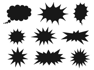 Set of black silhouette comic speech bubbles, bursts, and explosion effects with dynamic action lines  
