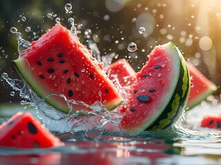 Mesmerizing splash of watermelon chunks mid-air: deep red, seed-speckled flesh, vibrant green rind, dancing droplets, and a warm, summery blurred background.