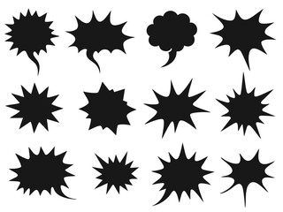 A collection of black silhouette comic book-style speech bubbles, bursts, and explosion effects on a white background  
