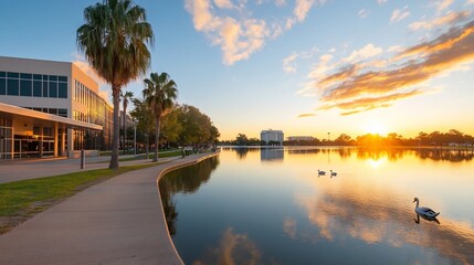 Fototapeta premium Sunrise over lake, city skyline reflected