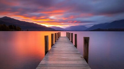 Fototapeta premium Sunrise Pier on Calm Lake, Mountain View