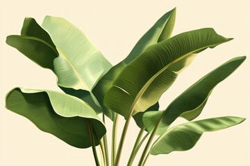 Lush green tropical leaves on a beige background.
