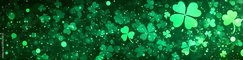 Poster green shamrock pattern on dark background with sparkles. st. patrick's day festive backdrop. irish h