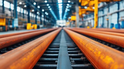 Massive steel beams on conveyor belts in a heavy industry facility