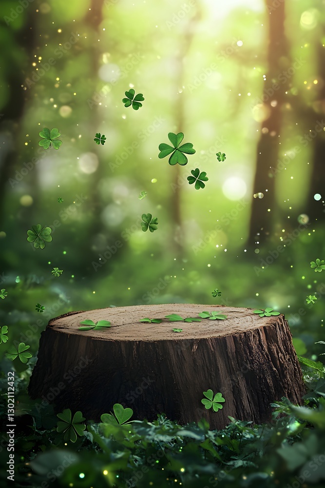 Poster magical forest scene with floating shamrocks over tree stump. st. patrick's day backdrop. enchanted 