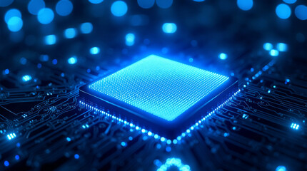 Generative AI Blue Glowing CPU Circuit Board Technology CPU processor circuit board technology blue light electronics computer hardware motherboard microchip innovation computing future