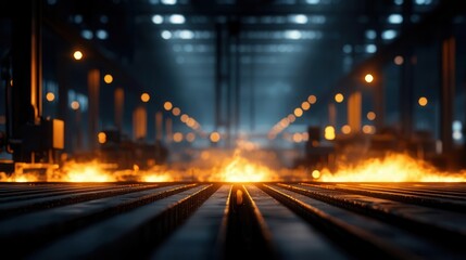 Fototapeta premium Steel factory with glowing furnaces and industrial machinery