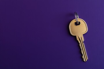 A single gold colored key rests on a purple background