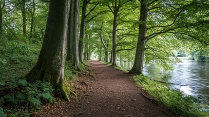 Fototapeta premium Serene Woodland Path by the River: A Tranquil Escape