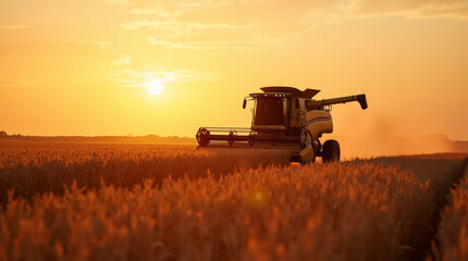 Fototapeta premium Generative AI Golden Harvest: Combine at Sunset combine harvester wheat field sunset golden hour harvest agriculture farm rural crop yellow abundance prosperity hard work tradition