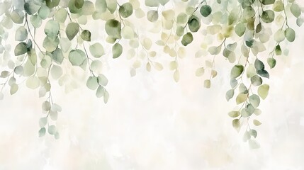  Elegant Watercolor Greenery with Soft Light Green and Beige Leaves on Neutral Background, Creating a Fresh and Natural Aesthetic for Invitations and Branding.