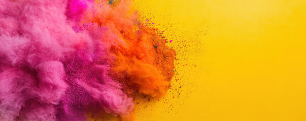 Fototapeta premium A vibrant explosion of colored powder against a bright yellow background, creating a dynamic and cheerful visual effect.