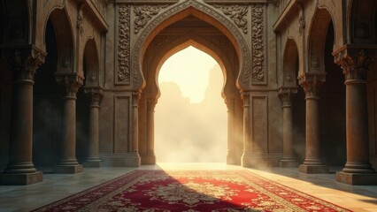 Obraz premium Sunlit Archway in an Ancient Stone Palace A Majestic Entrance with Ornate Columns and a Richly Decorated Rug