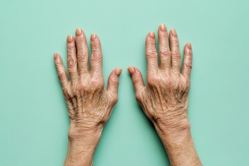 Two aged hands showing detail against a solid background