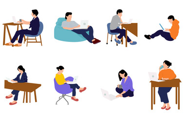 people working with device laptop flat illustration ornament element