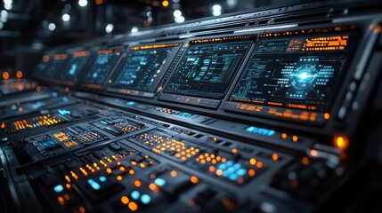 Obraz premium Futuristic Control Room with Digital Displays and Lights