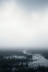 Fototapeta premium Generative AI Foggy Swamp: Atmospheric Mystery Landscape swamp fog mist water grass vegetation wetland landscape reflection nature mystery tranquility moody atmosphere serenity