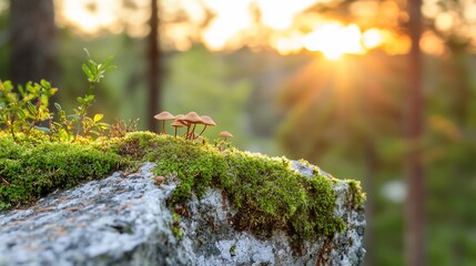 Obraz premium Sunset Mushrooms on Mossy Rock in Forest