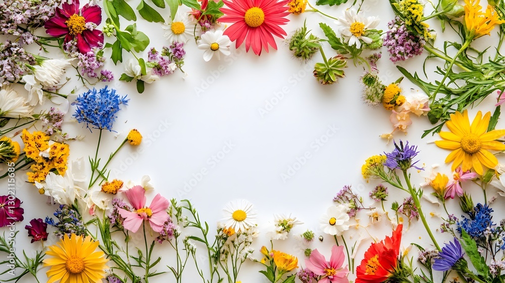 Poster colorful assorted wildflowers arranged in a circular pattern with copy space