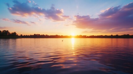 Fototapeta premium Sunset over calm lake, bird silhouetted