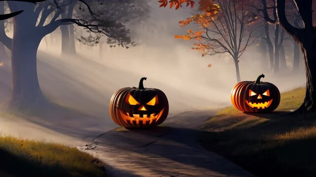 Whimsical Halloween Animation: Eerie Jack-O'-Lanterns in a Spooky Forest at Twilight