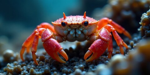 A vibrant red crustacean, showcasing intricate details of its carapace and claws, stands prominently against a textured seabed, a captivating underwater portrait