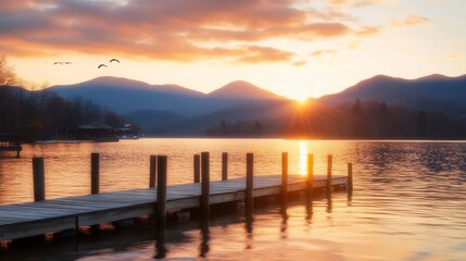 Obraz premium Sunset over mountain lake with dock (1)
