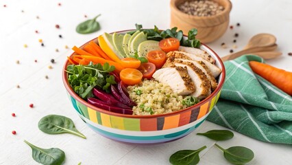 A colorful bowl of fresh vegetables, grains, and proteins, representing clean and healthy eating.  