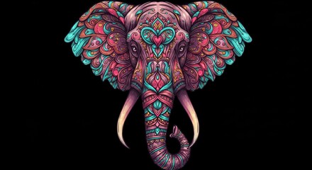 Obraz premium Detailed Elephant Illustration with Intricate Patterns and Vibrant Colors on Black
