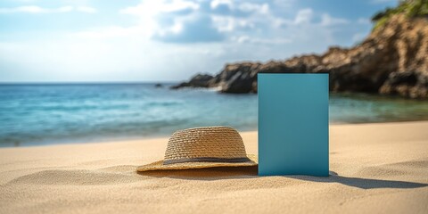 Obraz premium A mysterious blue rectangle rests on the sandy beach, its edges softly blurred with a subtle shadow stretching across the sand, evoking an enigmatic allure. (139 characters)