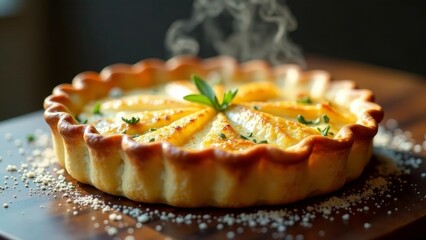 A freshly baked savory tart with a golden crust and creamy filling, garnished with herbs, sits on a wooden surface, emitting a warm steam