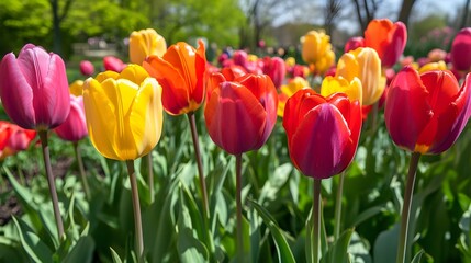 Fototapeta premium A vibrant display of colorful tulips blooming in a garden