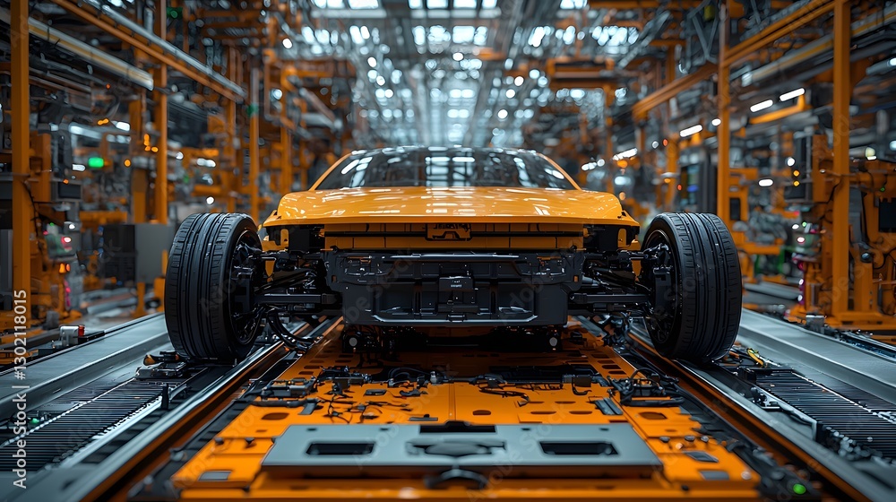 Poster a dynamic scene of a car being assembled in a factory environment with workers and machinery in acti