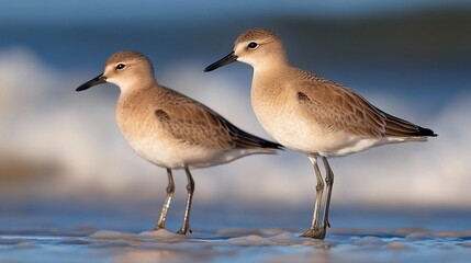 Two shorebirds wade ocean beach sunrise