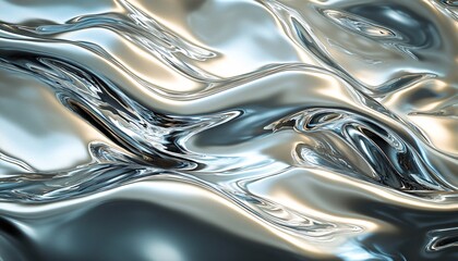 Smooth Silver Liquid Waves Flowing in a Glimmering Textured Surface Under Soft Light Reflections