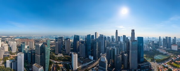 Panoramic view of a modern cityscape under a bright sky