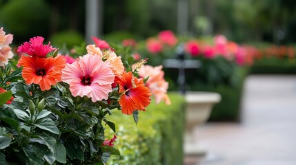 Vibrant hibiscus blooms line garden path
