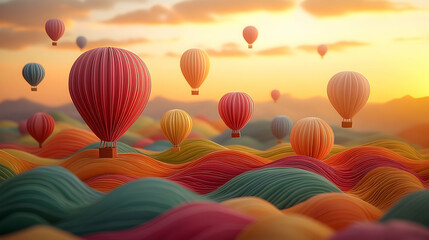 Fototapeta premium Colorful hot air balloons over undulating hills at sunset